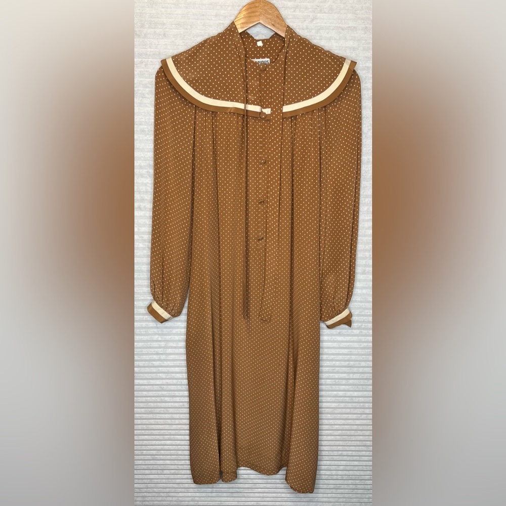 Vintage 70’s Ted Lapidus Paris Silk Maxi Dress Brown Beige Polka Dots Size 4 - Picture 2 of 15